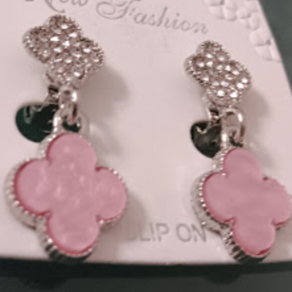Jewelry - DESIGNER Lucky Clover Silver Faux Pink Shell Clear Crystal Clip On Drop Earrings